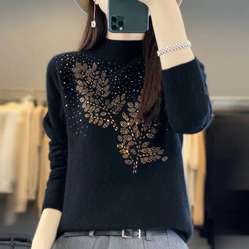 Women's knit stand collar winter sweater with rhinestone leaf embellishment