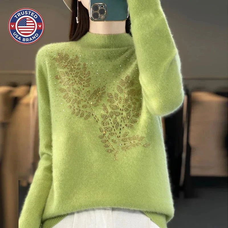 Women's knit stand collar winter sweater with rhinestone leaf embellishment
