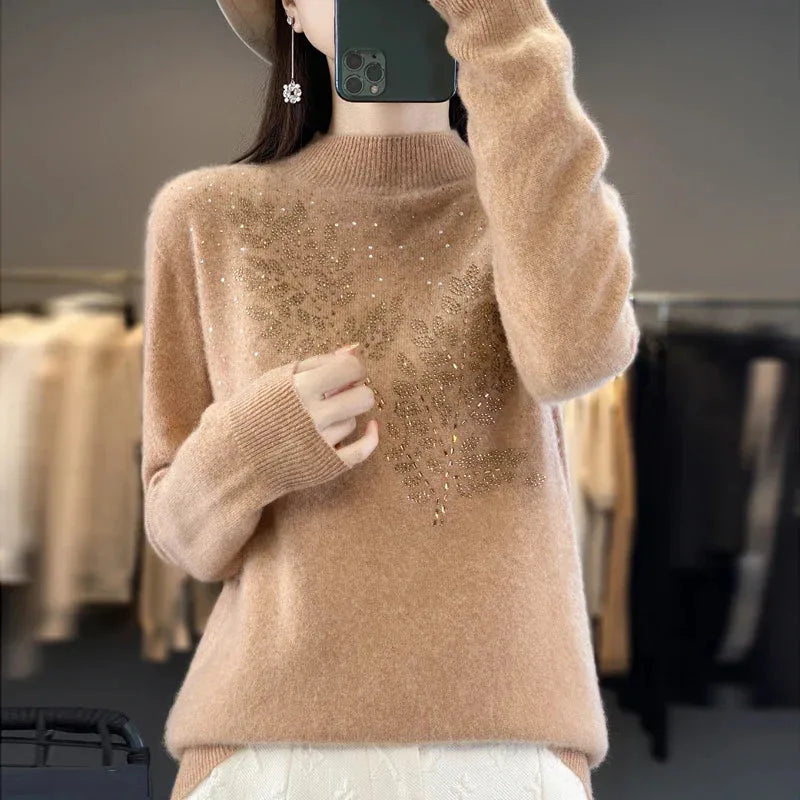 Women's knit stand collar winter sweater with rhinestone leaf embellishment
