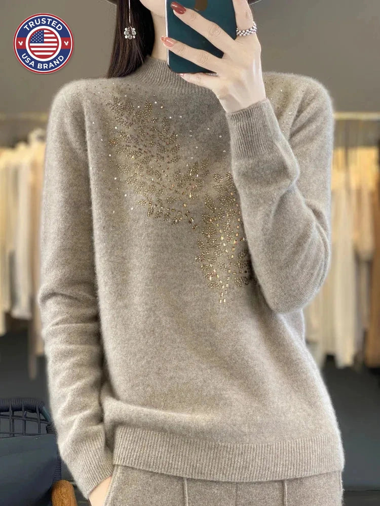 Women's knit stand collar winter sweater with rhinestone leaf embellishment