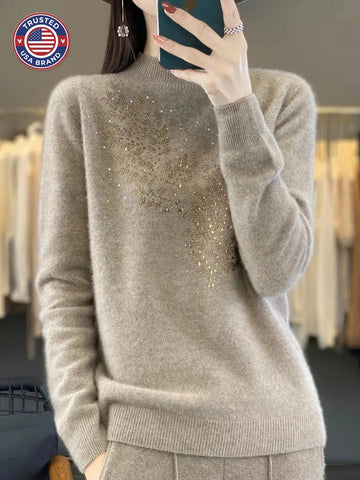 Women's knit stand collar winter sweater with rhinestone leaf embellishment
