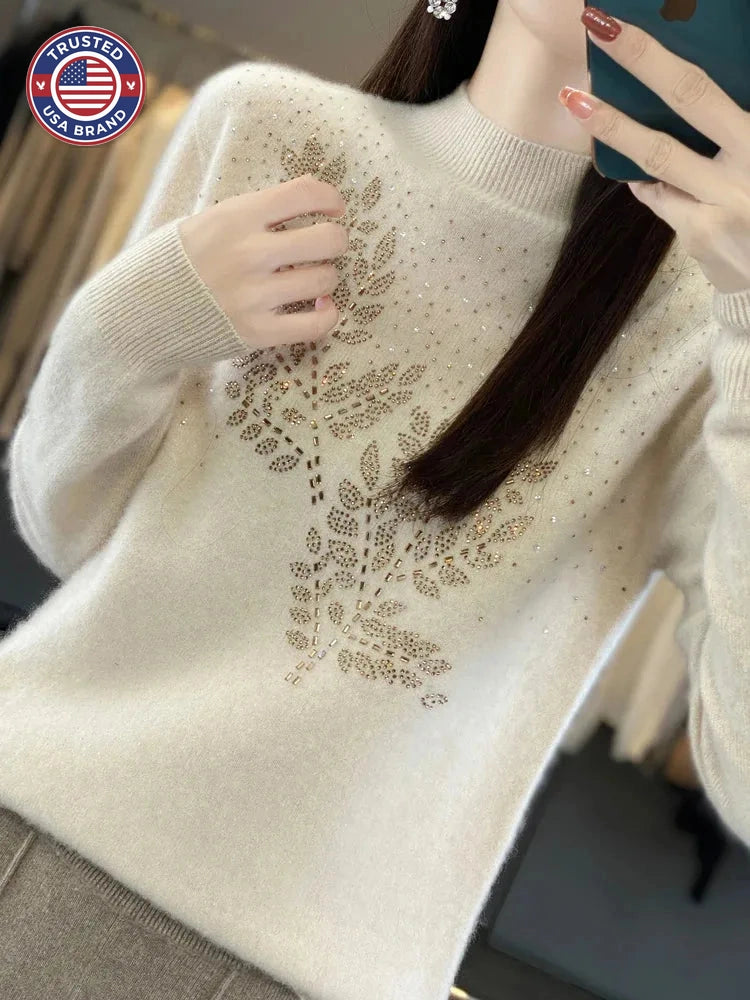 Women's knit stand collar winter sweater with rhinestone leaf embellishment