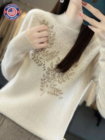 Women's knit stand collar winter sweater with rhinestone leaf embellishment