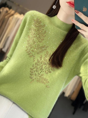 Women's knit stand collar winter sweater with rhinestone leaf embellishment
