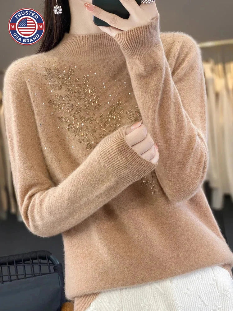 Women's knit stand collar winter sweater with rhinestone leaf embellishment