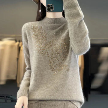 Women's knit stand collar winter sweater with rhinestone leaf embellishment