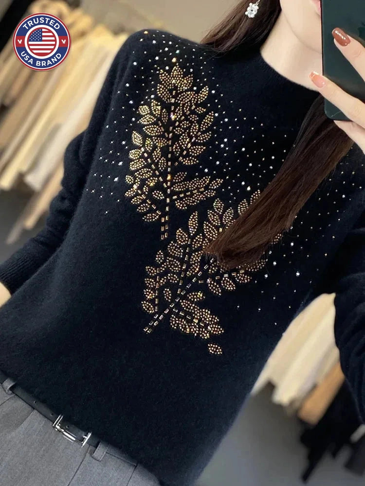 Women's knit stand collar winter sweater with rhinestone leaf embellishment