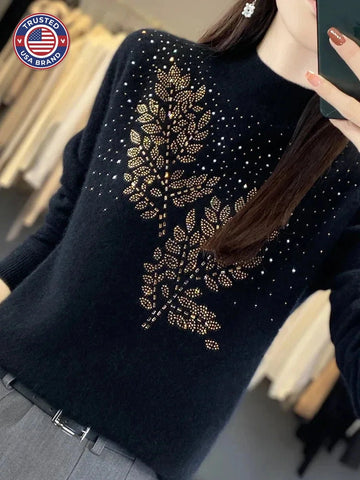 Women's knit stand collar winter sweater with rhinestone leaf embellishment