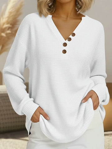 Women's knit v-neck winter sweater with button placket