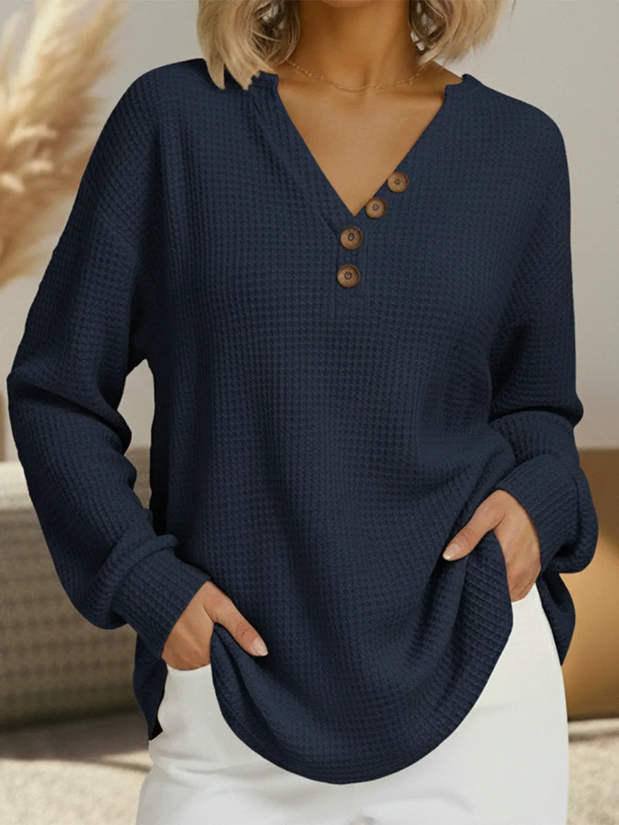 Women's knit v-neck winter sweater with button placket