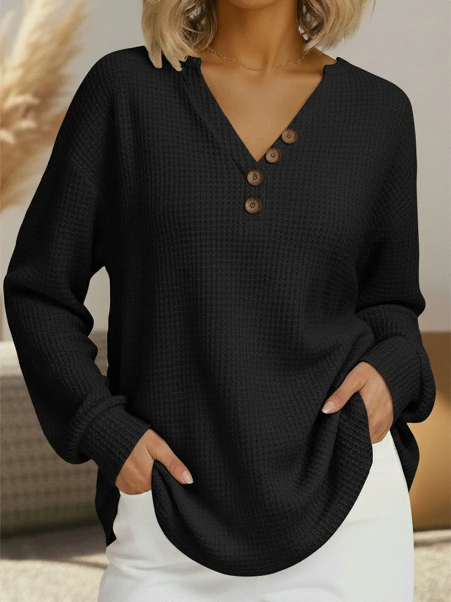 Women's knit v-neck winter sweater with button placket