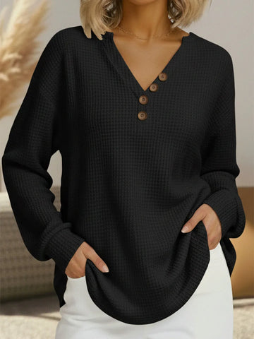 Women's knit v-neck winter sweater with button placket