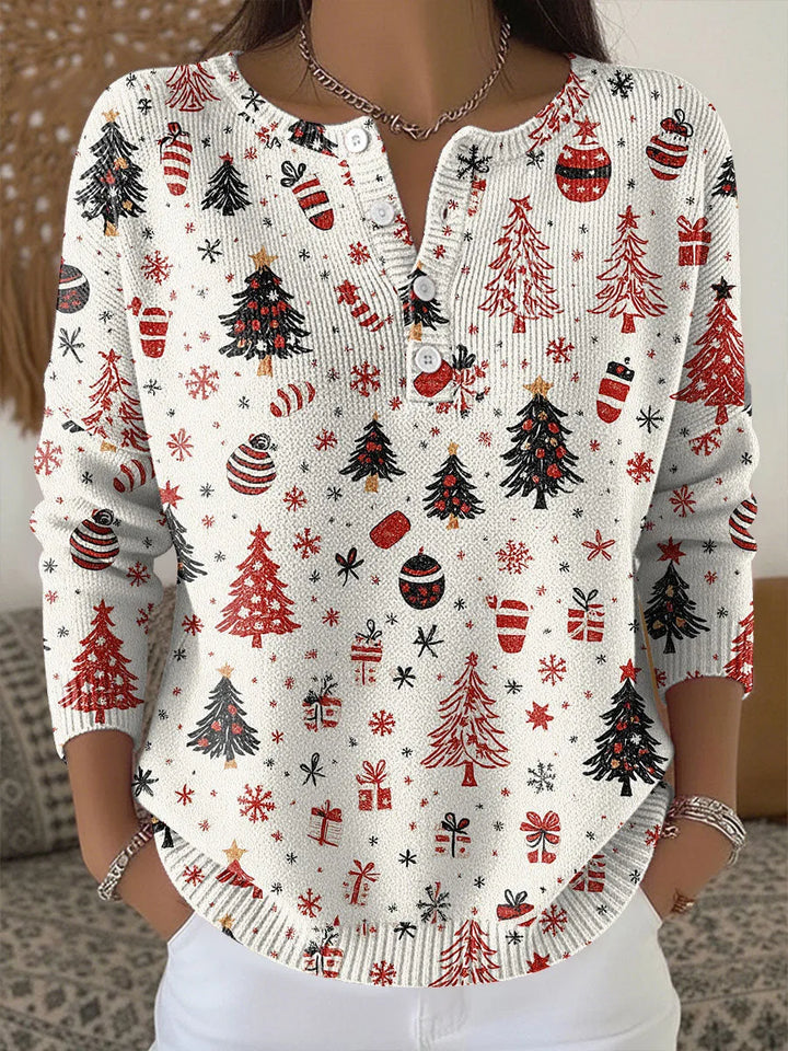 Women's knit v-neck winter sweater with christmas pattern
