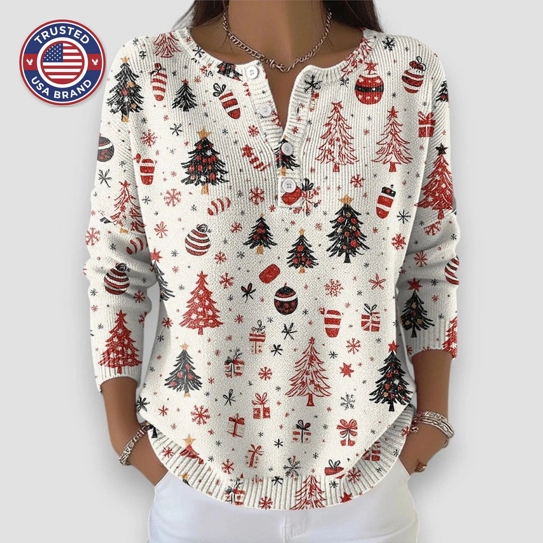 Women's knit v-neck winter sweater with christmas pattern