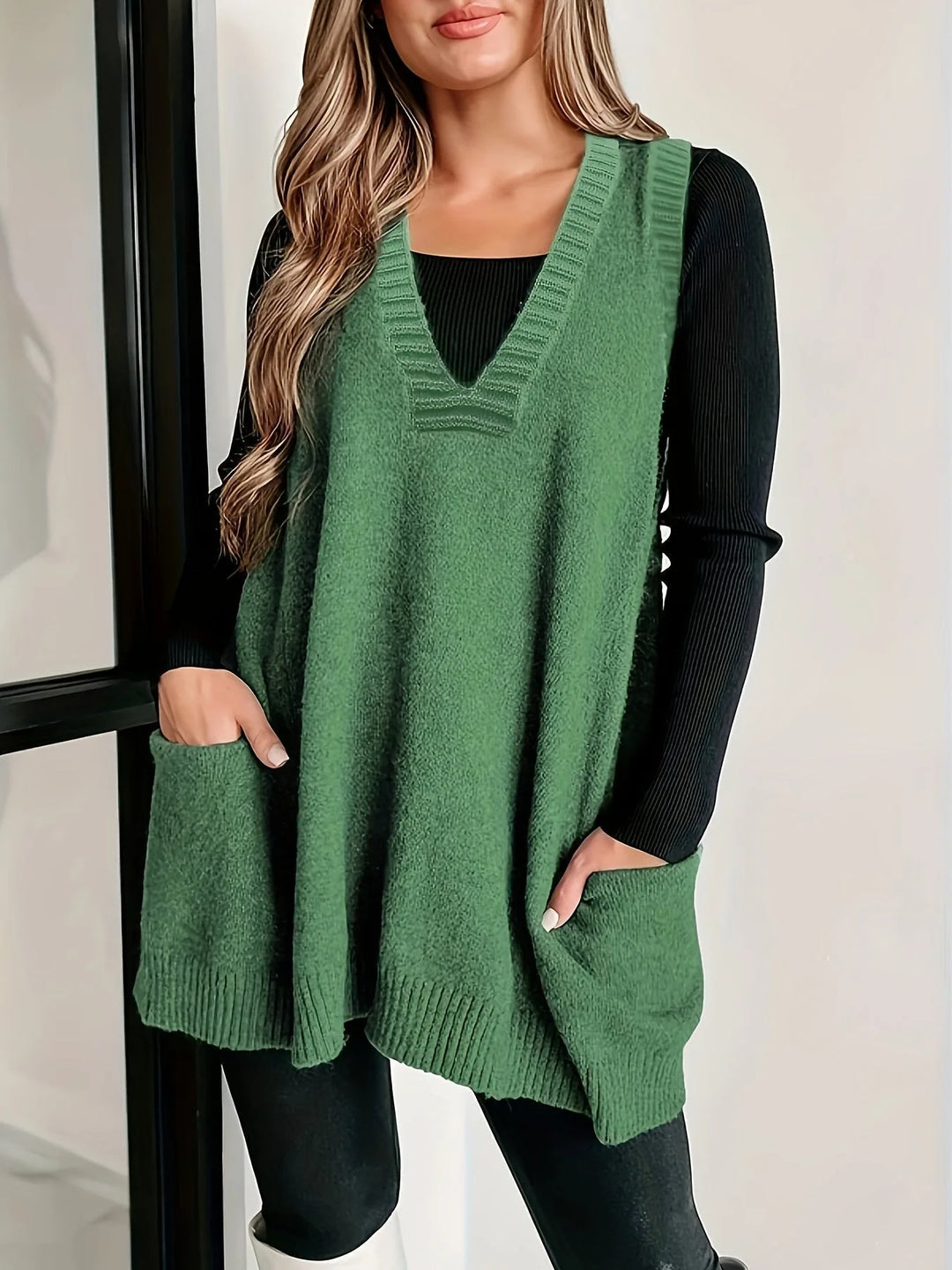 Women's knit v-neck winter sweater with front patch pockets