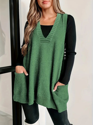 Women's knit v-neck winter sweater with front patch pockets