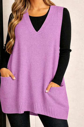 Women's knit v-neck winter sweater with front patch pockets