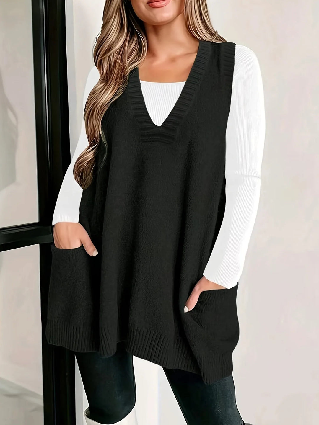 Women's knit v-neck winter sweater with front patch pockets