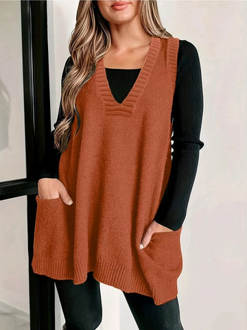 Women's knit v-neck winter sweater with front patch pockets