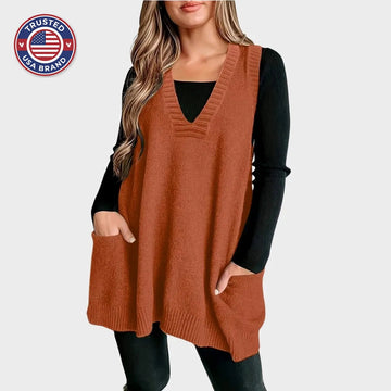 Women's knit v-neck winter sweater with front patch pockets