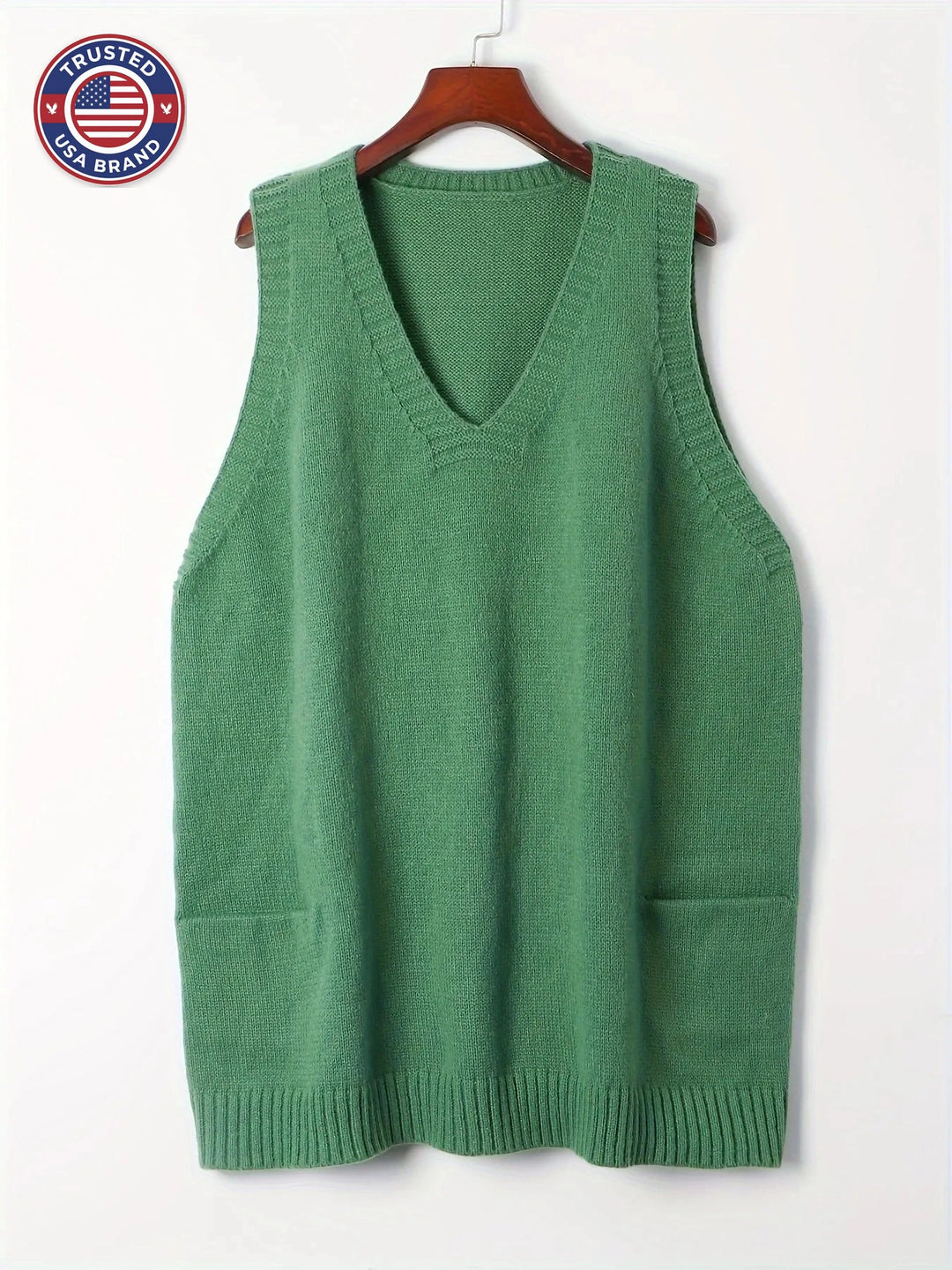 Women's knit v-neck winter sweater with front patch pockets