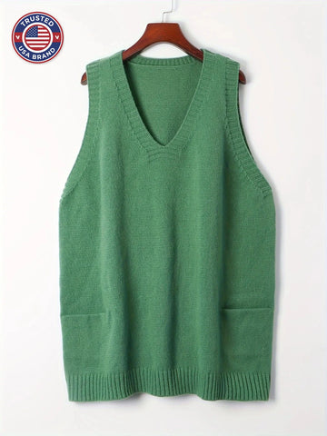 Women's knit v-neck winter sweater with front patch pockets