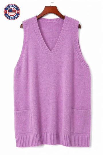 Women's knit v-neck winter sweater with front patch pockets