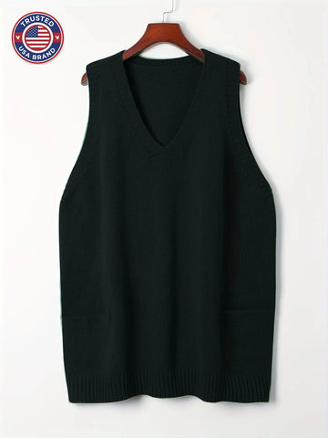 Women's knit v-neck winter sweater with front patch pockets