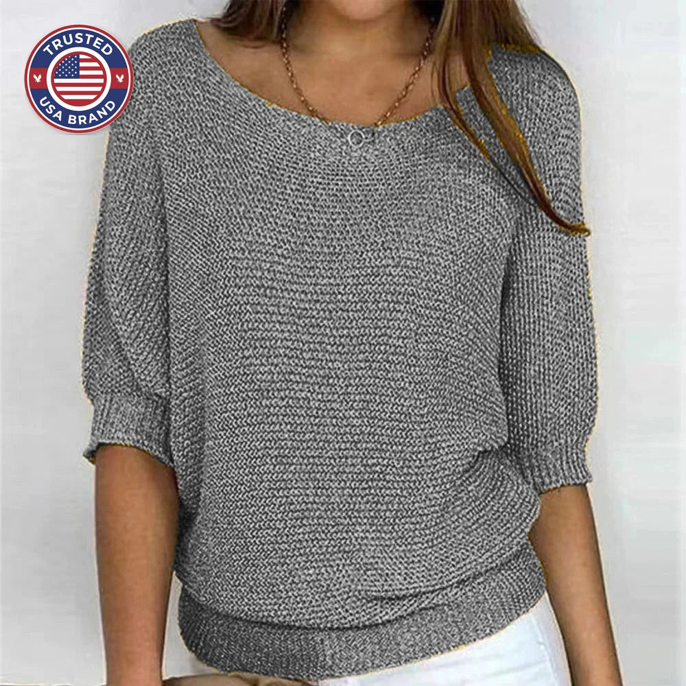 Women's knit v-neck winter sweater with three-quarter dolman sleeves