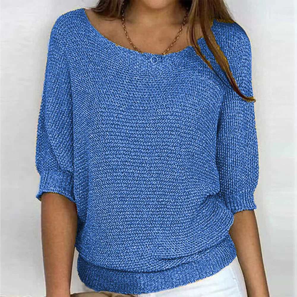 Women's knit v-neck winter sweater with three-quarter dolman sleeves