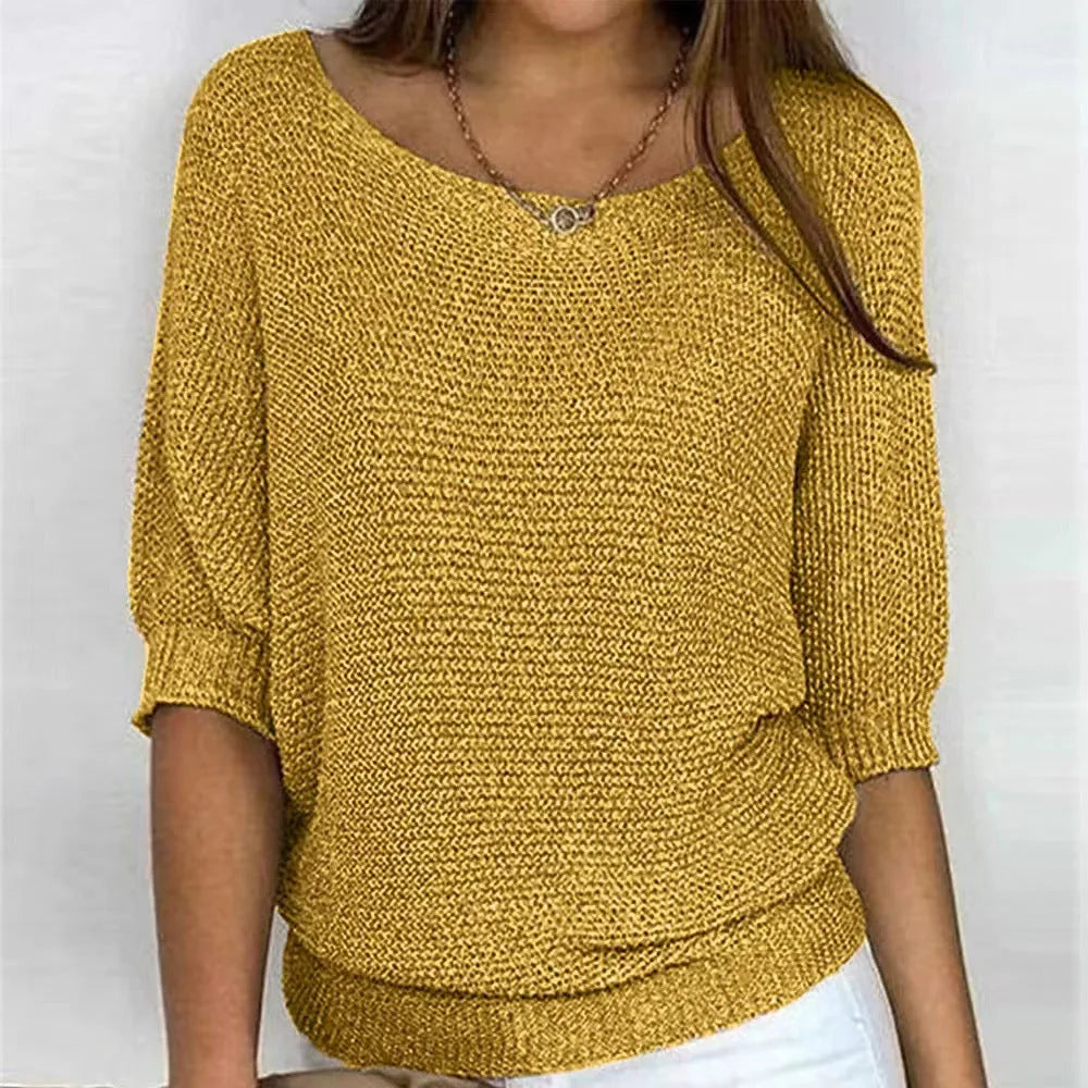 Women's knit v-neck winter sweater with three-quarter dolman sleeves