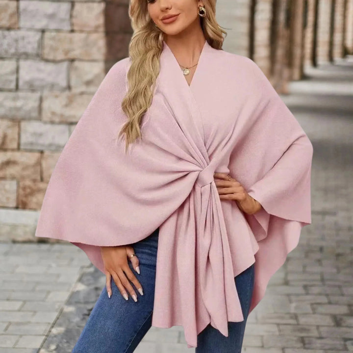 Women's knit wrap v-neck winter cape with front knot tie