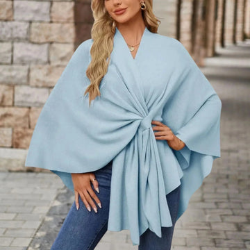 Women's knit wrap v-neck winter cape with front knot tie