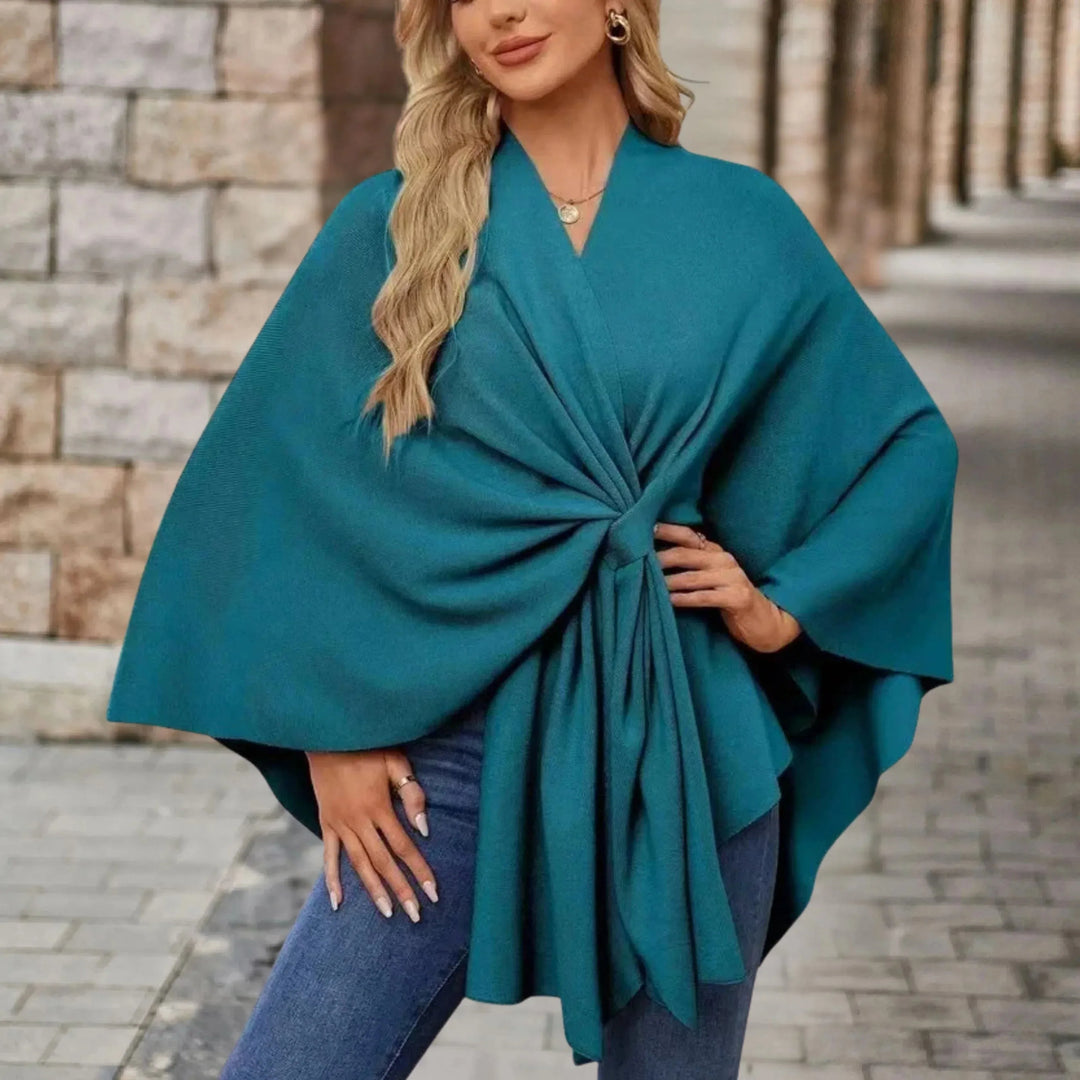Women's knit wrap v-neck winter cape with front knot tie