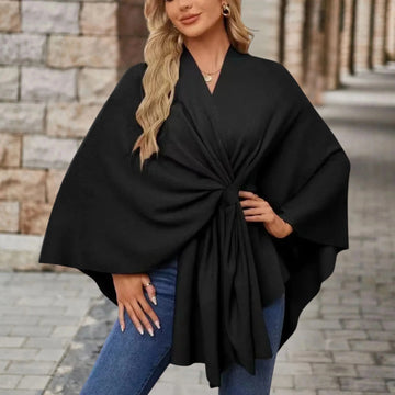 Women's knit wrap v-neck winter cape with front knot tie