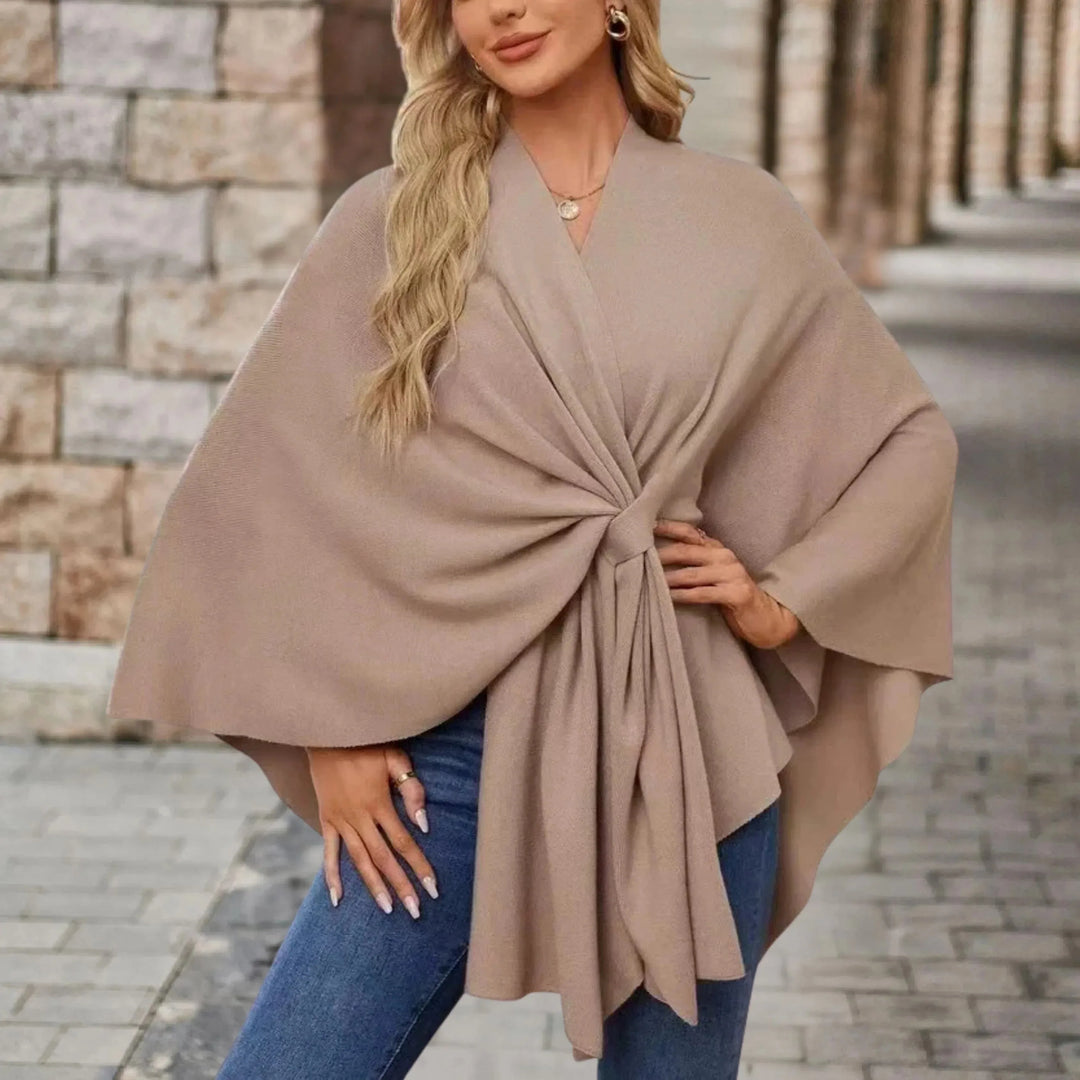 Women's knit wrap v-neck winter cape with front knot tie