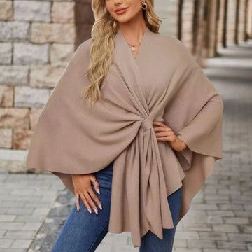 Women's knit wrap v-neck winter cape with front knot tie