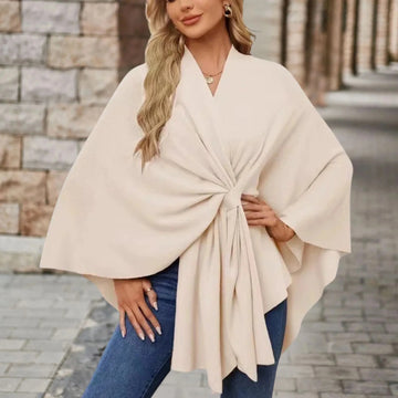Women's knit wrap v-neck winter cape with front knot tie