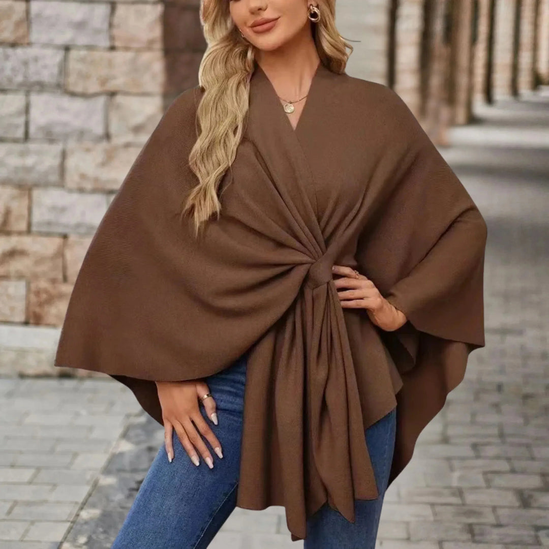 Women's knit wrap v-neck winter cape with front knot tie