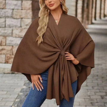 Women's knit wrap v-neck winter cape with front knot tie