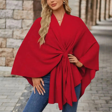 Women's knit wrap v-neck winter cape with front knot tie