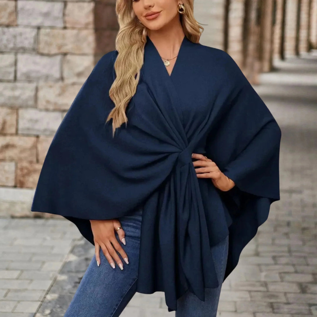 Women's knit wrap v-neck winter cape with front knot tie