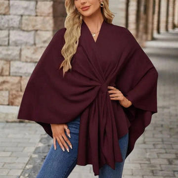 Women's knit wrap v-neck winter cape with front knot tie