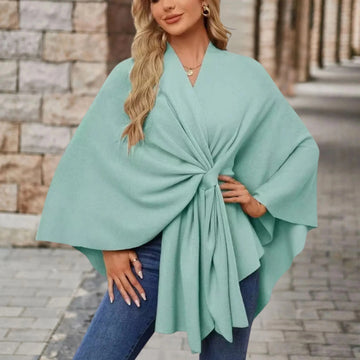 Women's knit wrap v-neck winter cape with front knot tie
