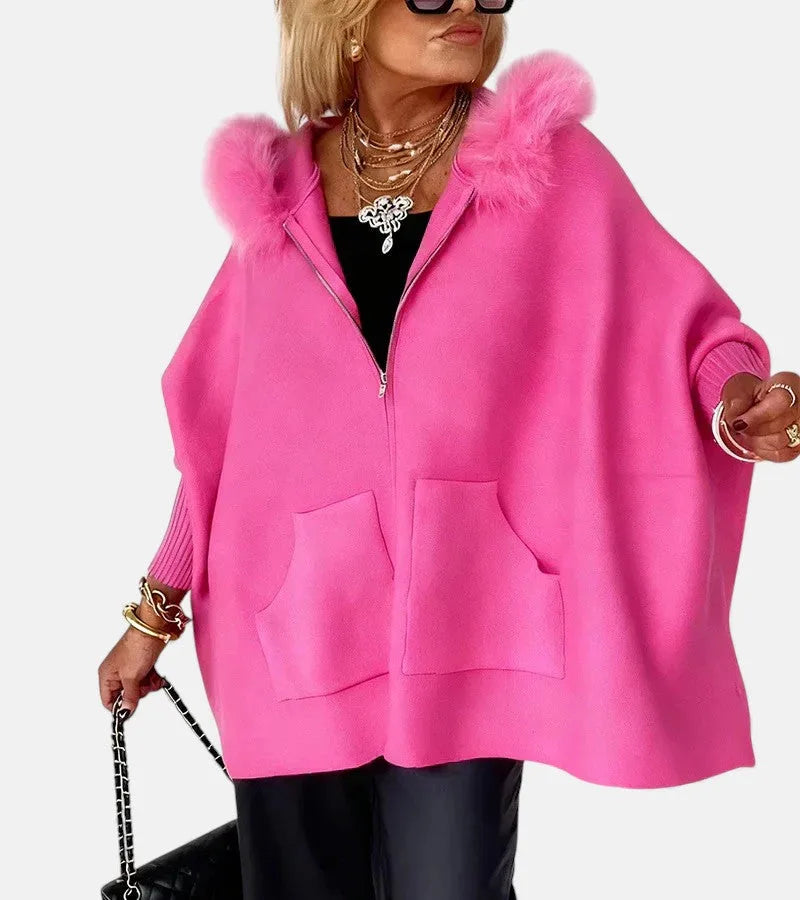 Women's knit zip-up winter fur cape with front patch pockets