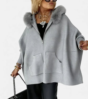 Women's knit zip-up winter fur cape with front patch pockets