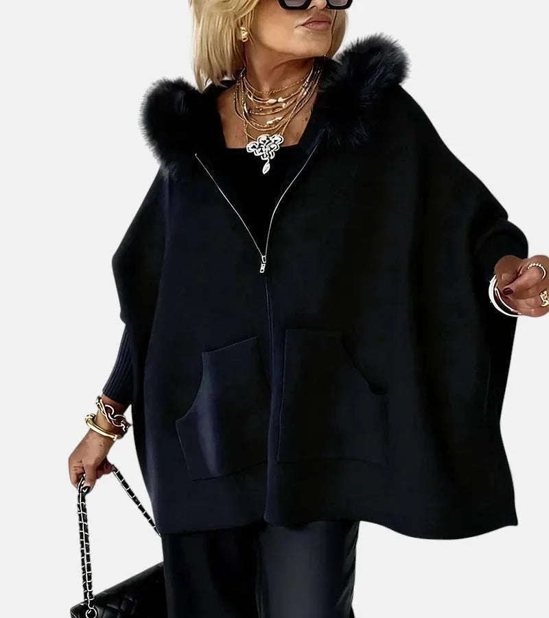 Women's knit zip-up winter fur cape with front patch pockets