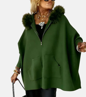 Women's knit zip-up winter fur cape with front patch pockets