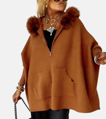 Women's knit zip-up winter fur cape with front patch pockets