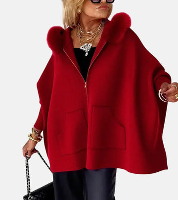 Women's knit zip-up winter fur cape with front patch pockets